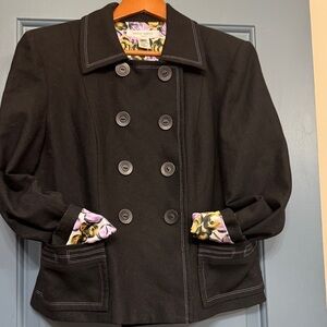 Nine West Cropped Blazer – Women’s 12 – Contrast Stitching – Floral Lined Jacket